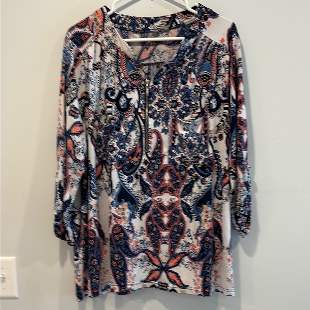 Pink and Blue Graphic Blouse with 3/4 Sleeves